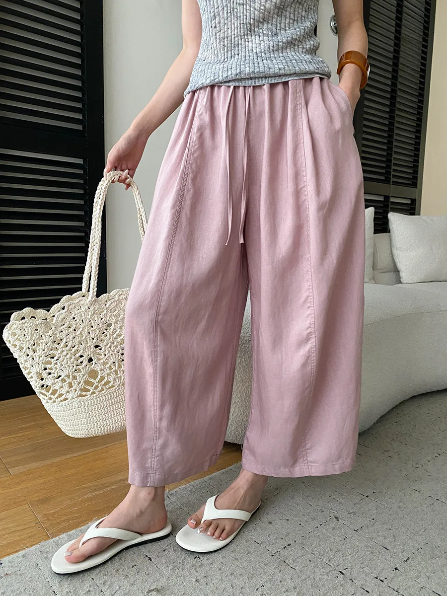 Sommerliche High-Waist-Hose mit weitem Bein für Damen, lässige, einfarbige, locker sitzende Hose – Detail 18