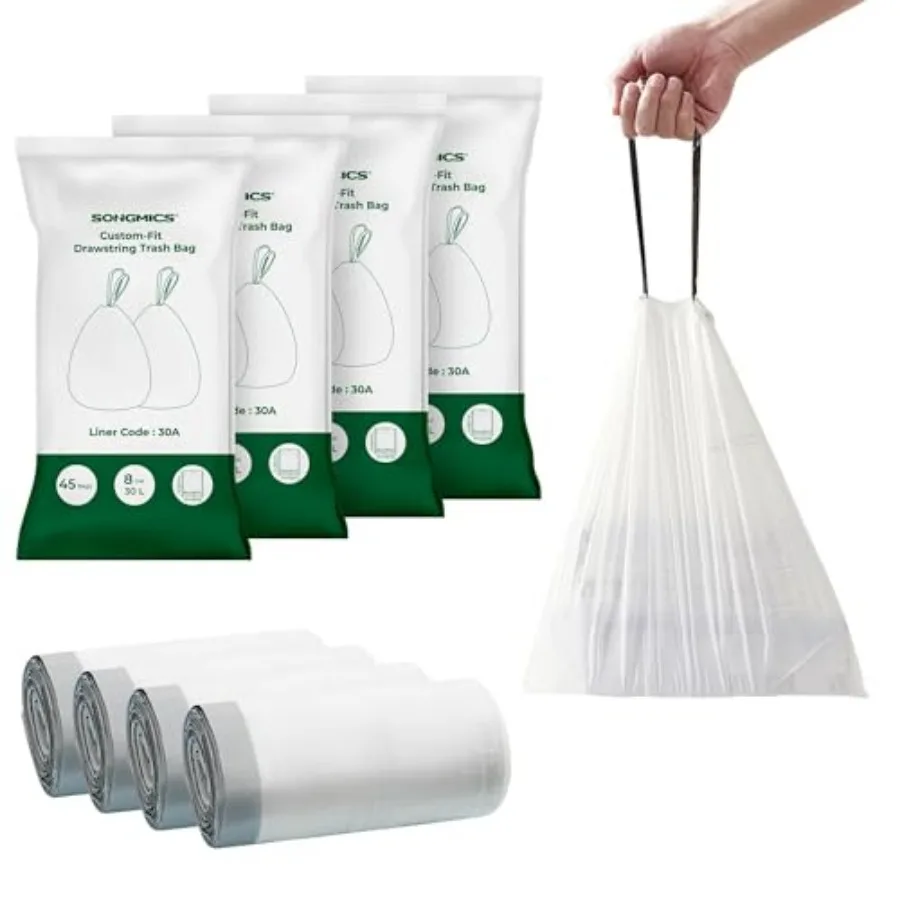 

Trash Bags, Drawstring Kitchen Garbage Bags, Pre-Separated, Box-Free Pack, for 8-Gallon 30 L Trash Cans, Liner Code 30A, 4 Roll
