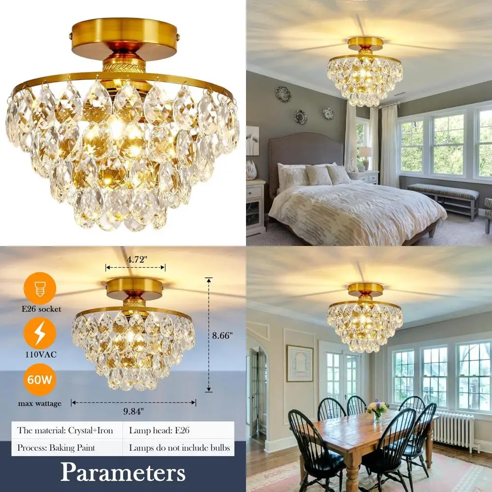 

Gold Crystal Semi-Flush Mount Chandelier for Hallway, Bedroom, Bathroom, and Foyer