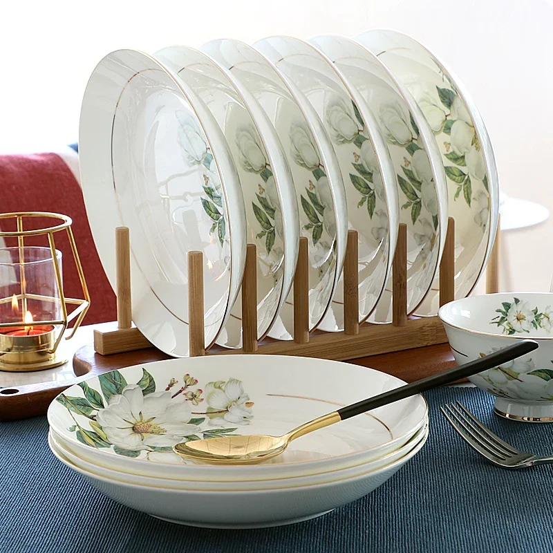 

Bone China Plate Set For Household, Ceramic Dinner, Vegetable Dishes, Round Deep Plate, European Pastoral Tableware, 8 Inch