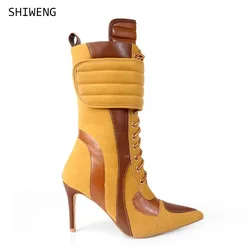 Patchwork Lace Up Mid Calf Boots Leather Pointed Toe Shoes for Women Stilettos High Heels Shoes 2024 Zapatos Para Mujere 44