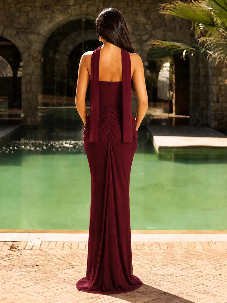 VC Burgundy Strapless Mermaid Evening Dress for Women Choker Neck Ruched Long Formal Gown Wedding Guest Prom Party Maxi Dress