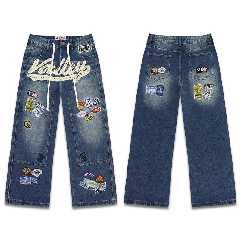 Trend Multi Badge Embroidered Vale Jeans Men Color Rhinestone Rivet Decor Loose Wide Leg Straight Denim Pants