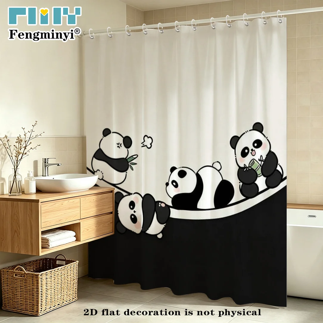 Cute Panda Shower Curtain, Playful Black White Bamboo Print, Fun Cartoon Animals, Waterproof Bathroom Decor