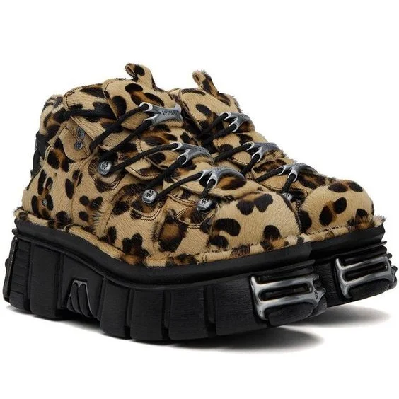 Platform Leopard Print Lace Up Shoes 2024 New Casual Punk Round Toe Fashion Women 35-45 Short Boot