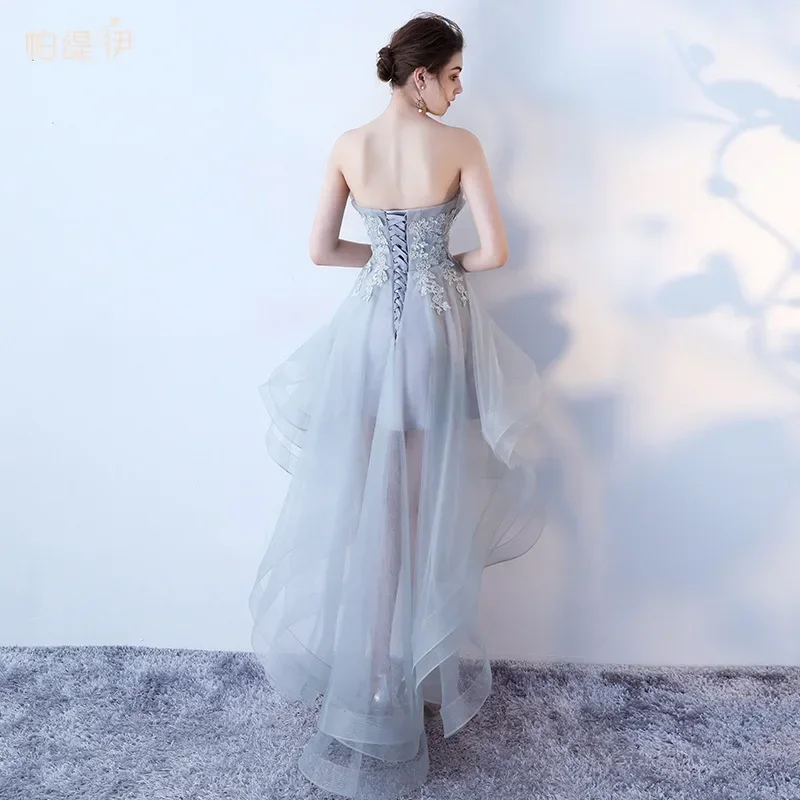 Customization It\'s Yiiya Evening Dress Gray Tulle Strapless Asymmetrical Famous Designer Plus size Women Party Formal Gown LX220