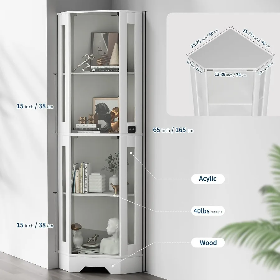Corner display cabinet for living room, MDF wood, black, 4-tier with adjustable shelves and built-in LED lights view 3