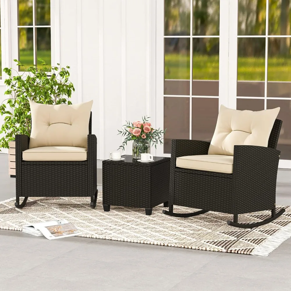 3 Piece Wicker Rocking Set, Patio Rattan Roker Chairs with Tempered Glass Table & Soft Cushions, Outdoor Furniture Set for Back