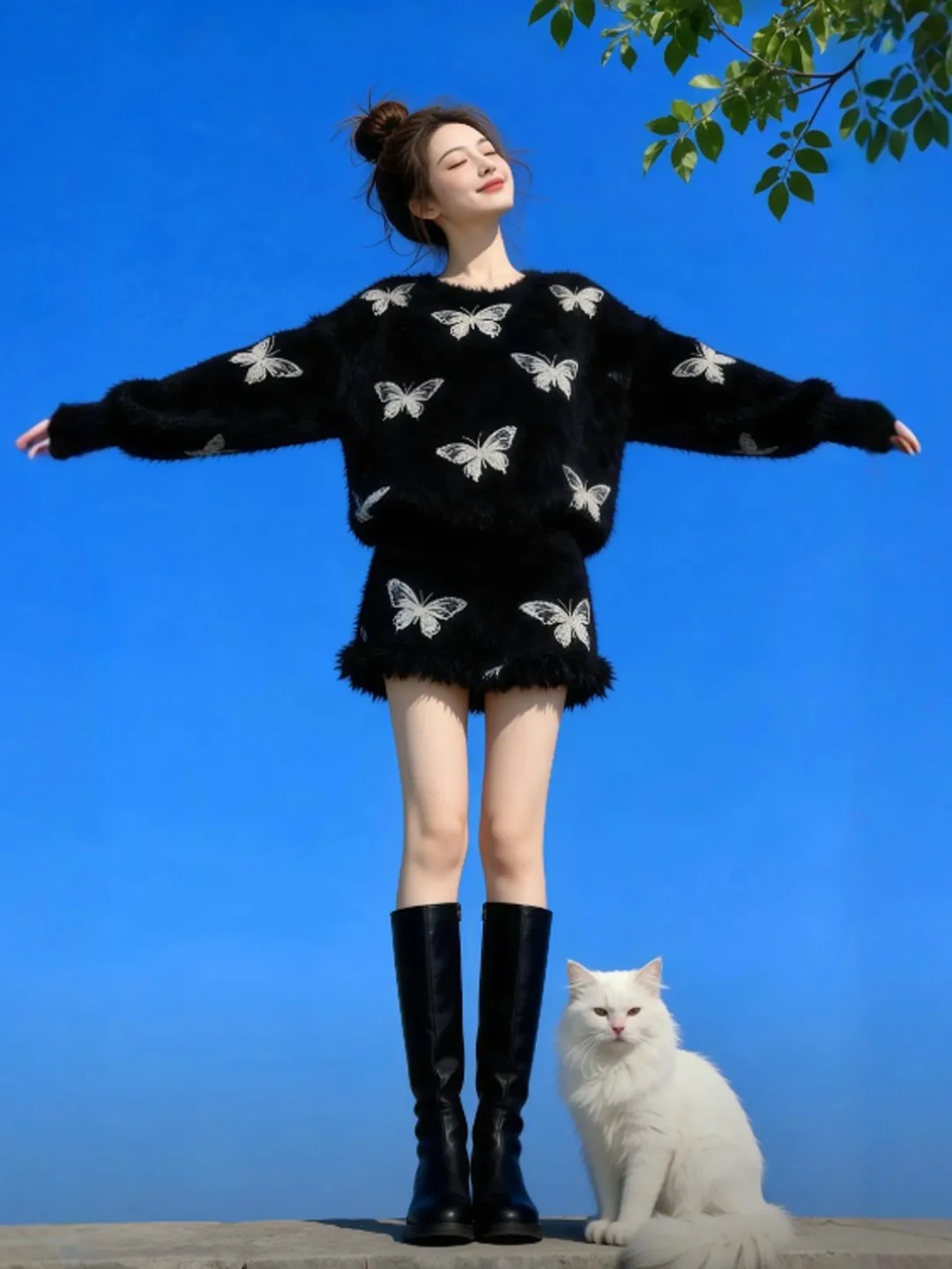 

Комплект: свитер с принтом и юбка. Нежный весенний модный женский костюм с длинными рукавами, высокой талией, теплый, повседневный.