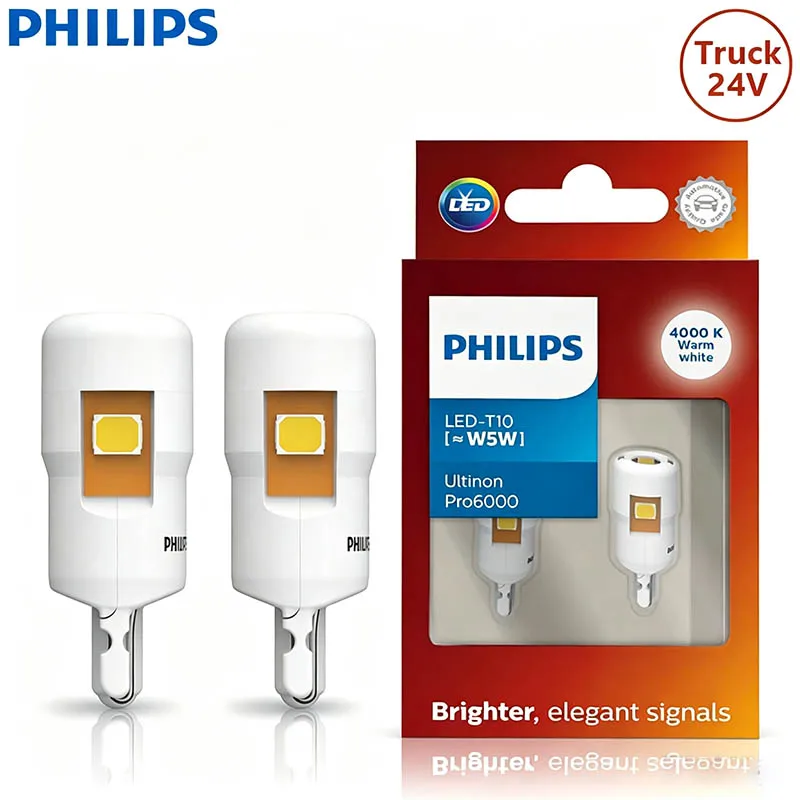 PHILIPS T10 W5W Ultinon Pro6000 LED 24V Truck Bulb 4000K Warm‑White Auto Side Marker Position Interior Genuine Signal Light Pair