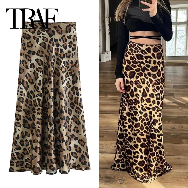 TRAF 2024 Leopard Print Skirt Women High Waist Midi Satin Skirt Woman Fashion Elegant Long Skirts For Women Vintage Summer Skirt