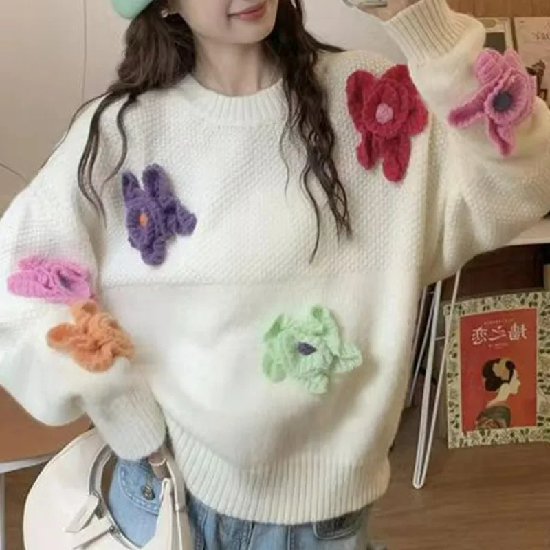 

Stereo Flower Sweet Age Reducing Pull Femme Vintage French Loose Grunge Sweater Y2k 2023 Autumn Winter New Design Sense Jumpers