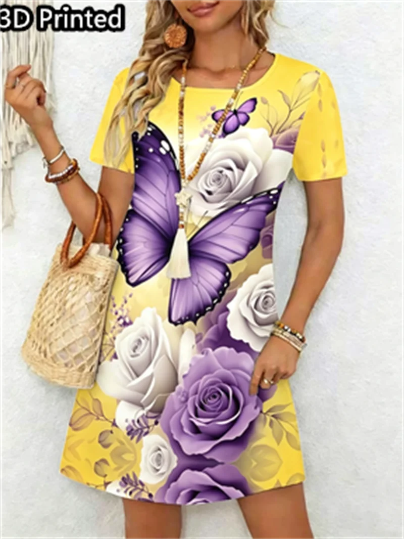 Ladies' round Neck Short Sleeve 3D Butterfly Pattern Mini Dress Beach Casual Holiday Party Dress