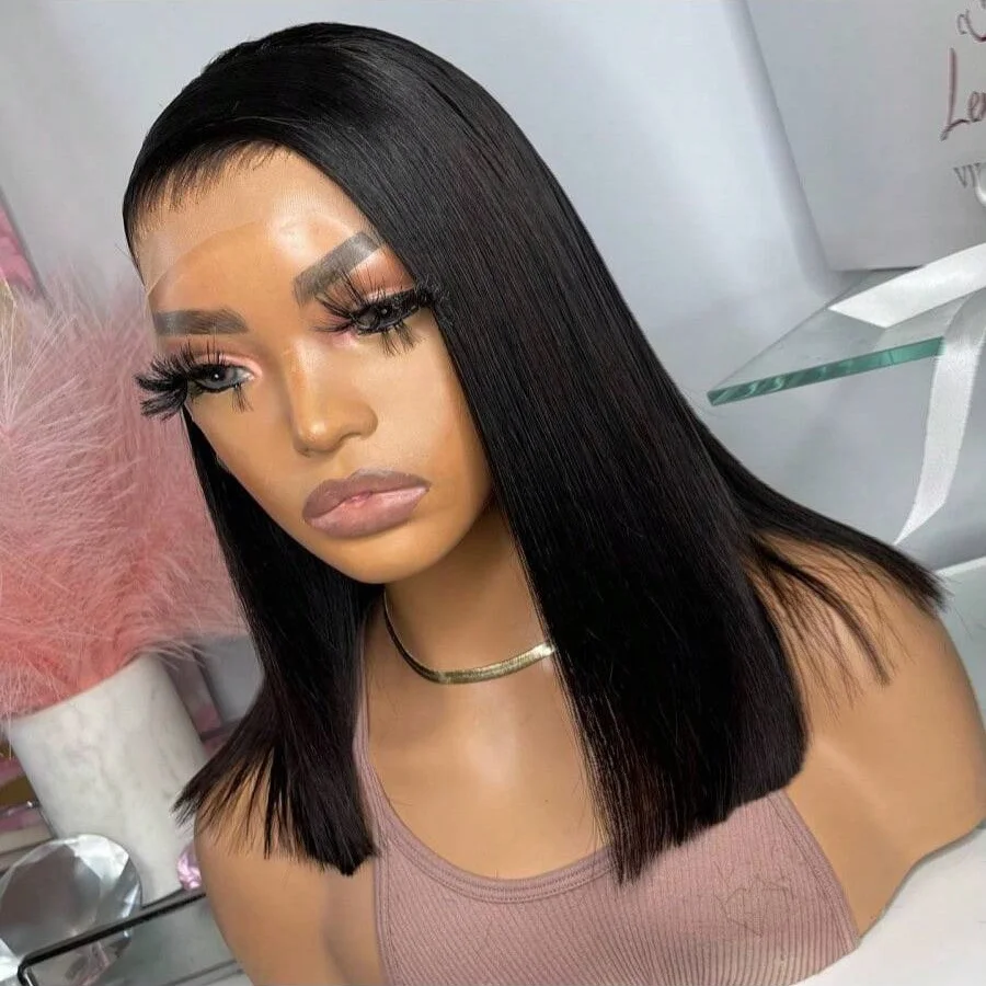 200% 14 بوصة قصيرة مستقيم بوب شعر مستعار 13*4 HD الدانتيل الشفاف أمامي خصلات الشعر المستعار الإنسان قبل قطعها البرازيلي الشعر البشري للنساء #5