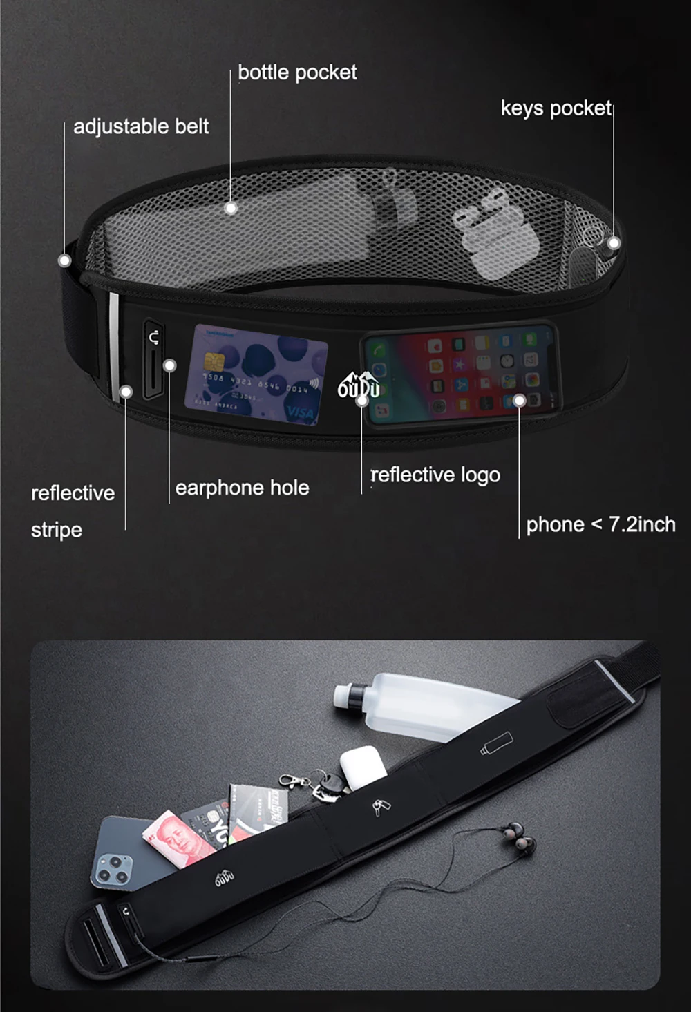 Running Belt Waist Bag with Water Bottle 330ml Women Sports Fanny Pack Men Phone Pouch Jogging Gym Bags Hydration Run