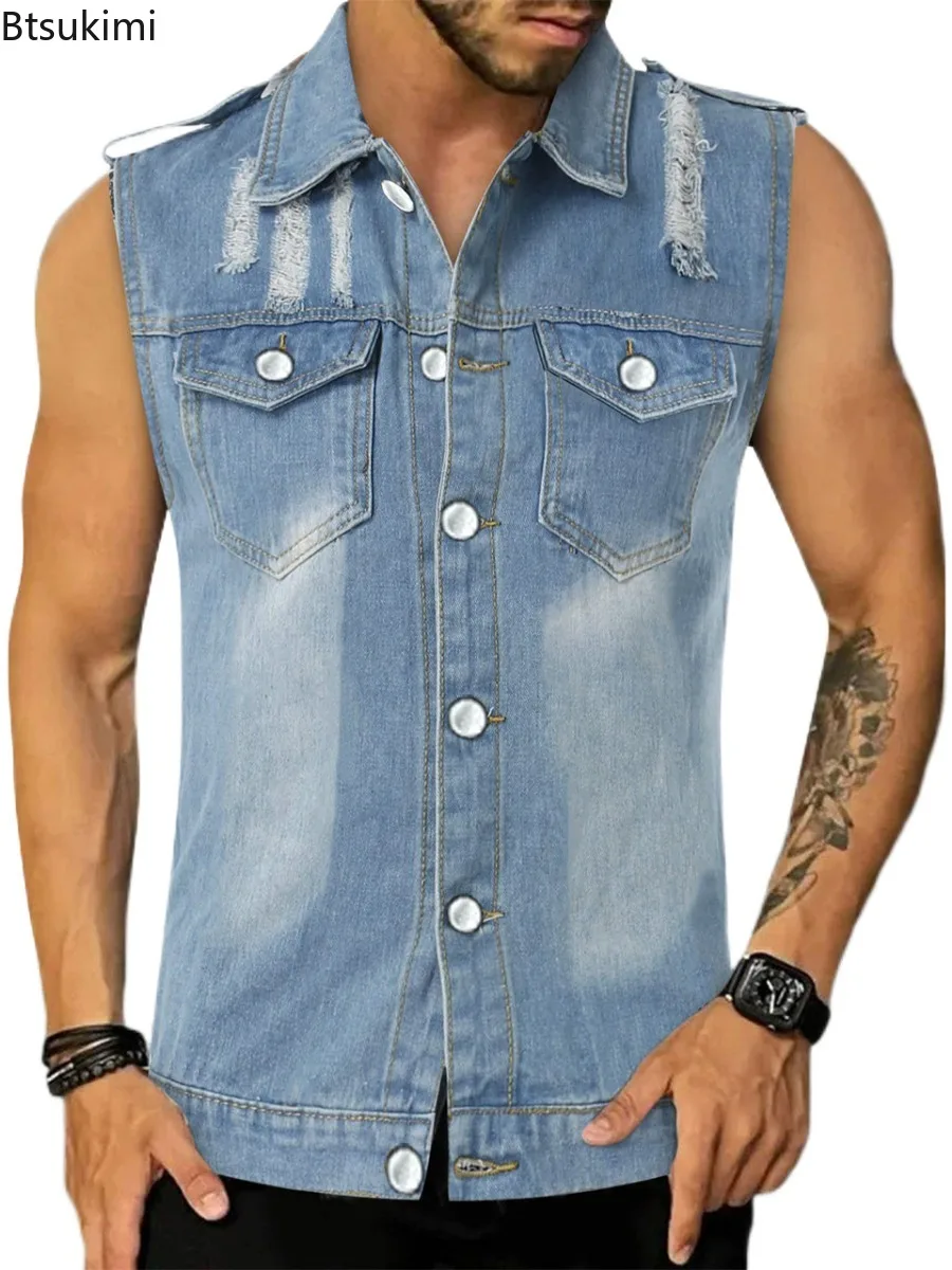 Fashion New Men's Denim Vest Sleeveless Lapel T-shirt Summer Casual Thin Style Slim Fit Tops Men Hip Hop Muscle Cowboy Tank Tops