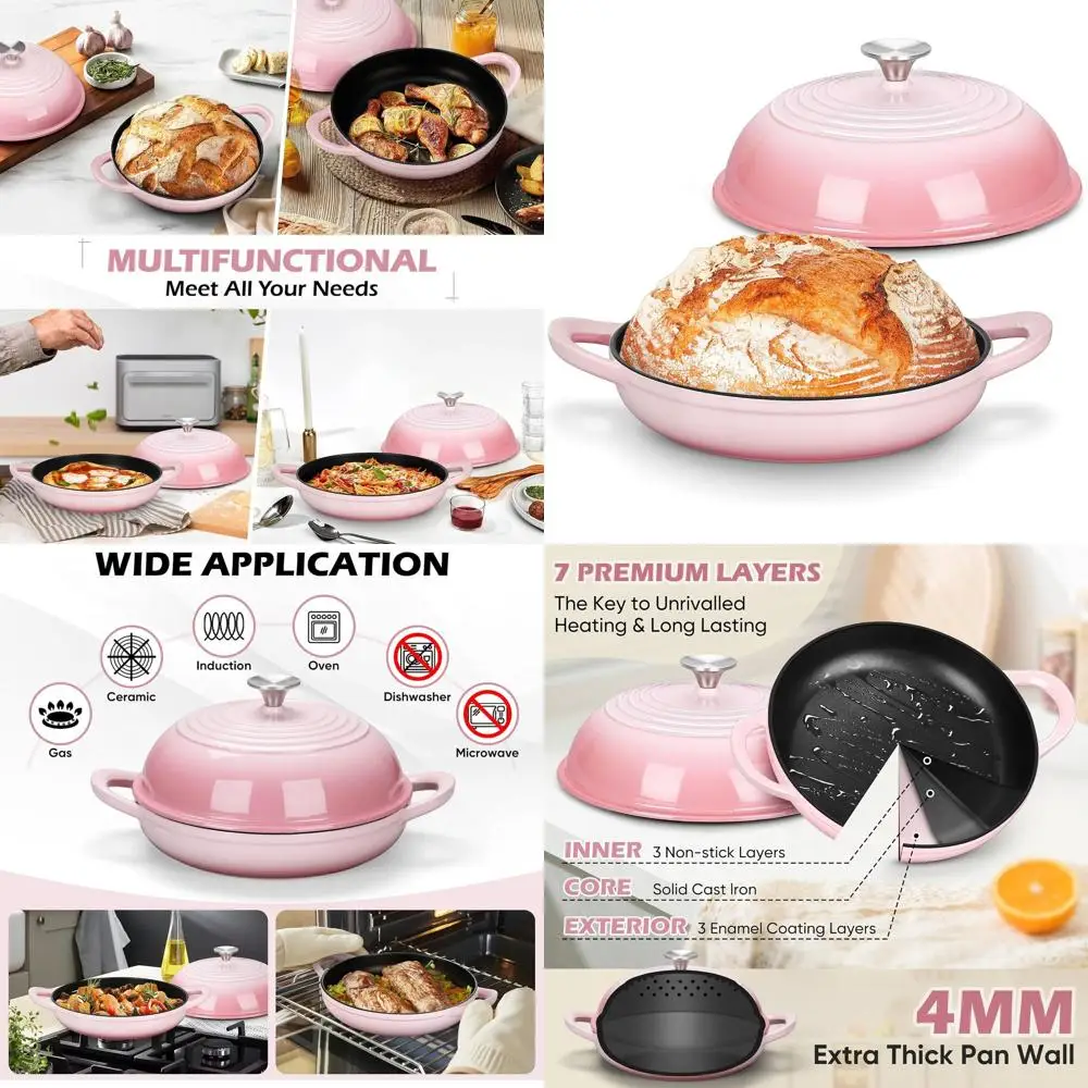 

Эмалированная чугунная голландская духовка для выпечки на ударе, 5,5 литра, прочные ручки, антипригарное покрытие, безопасная для духовки до 500 лет ° F, Розовый