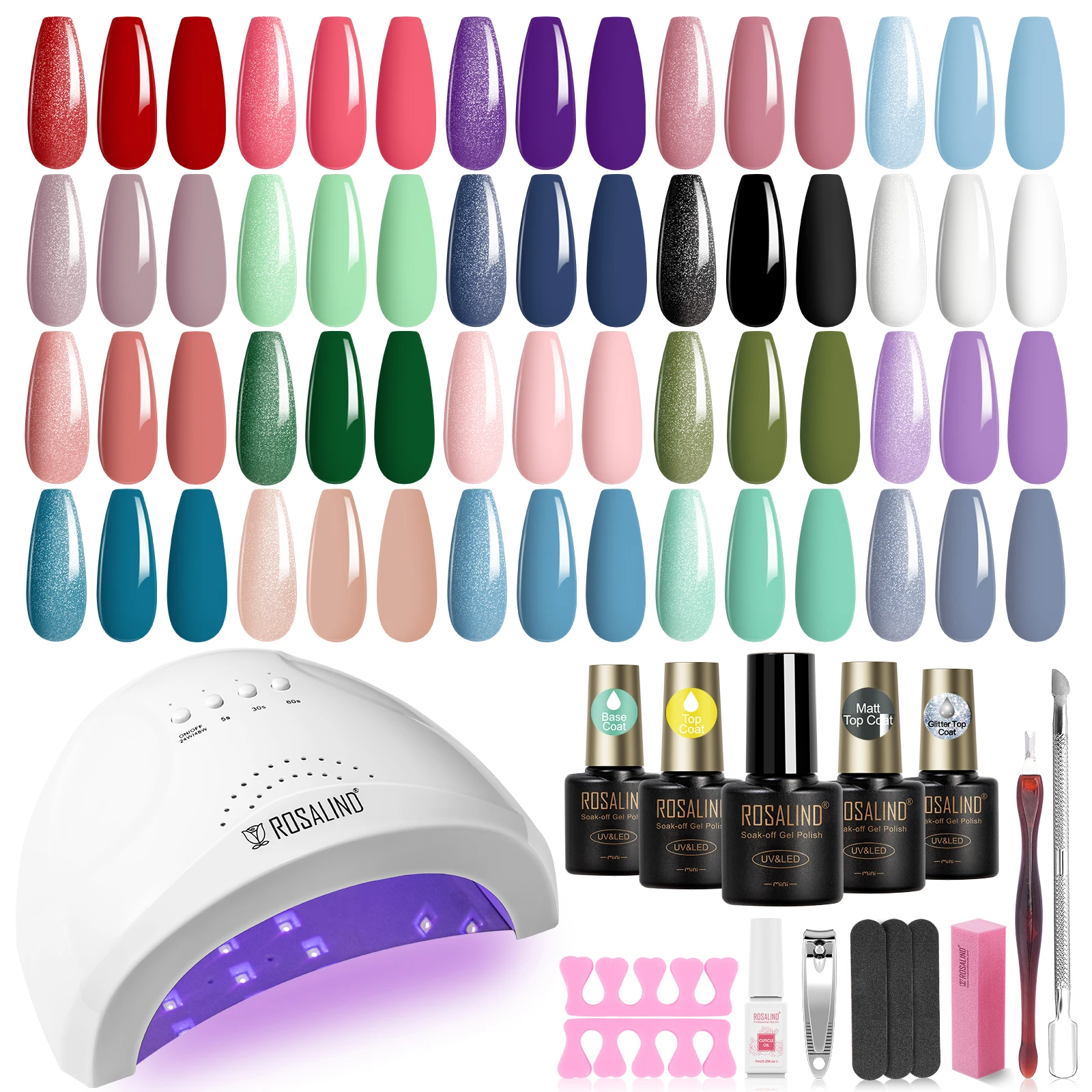 Rosalind 20 Classic Gel Nails Colors Mini Kit de esmalte em gel com luz UV, base e revestimento superior em gel brilhante fosco com ferramenta