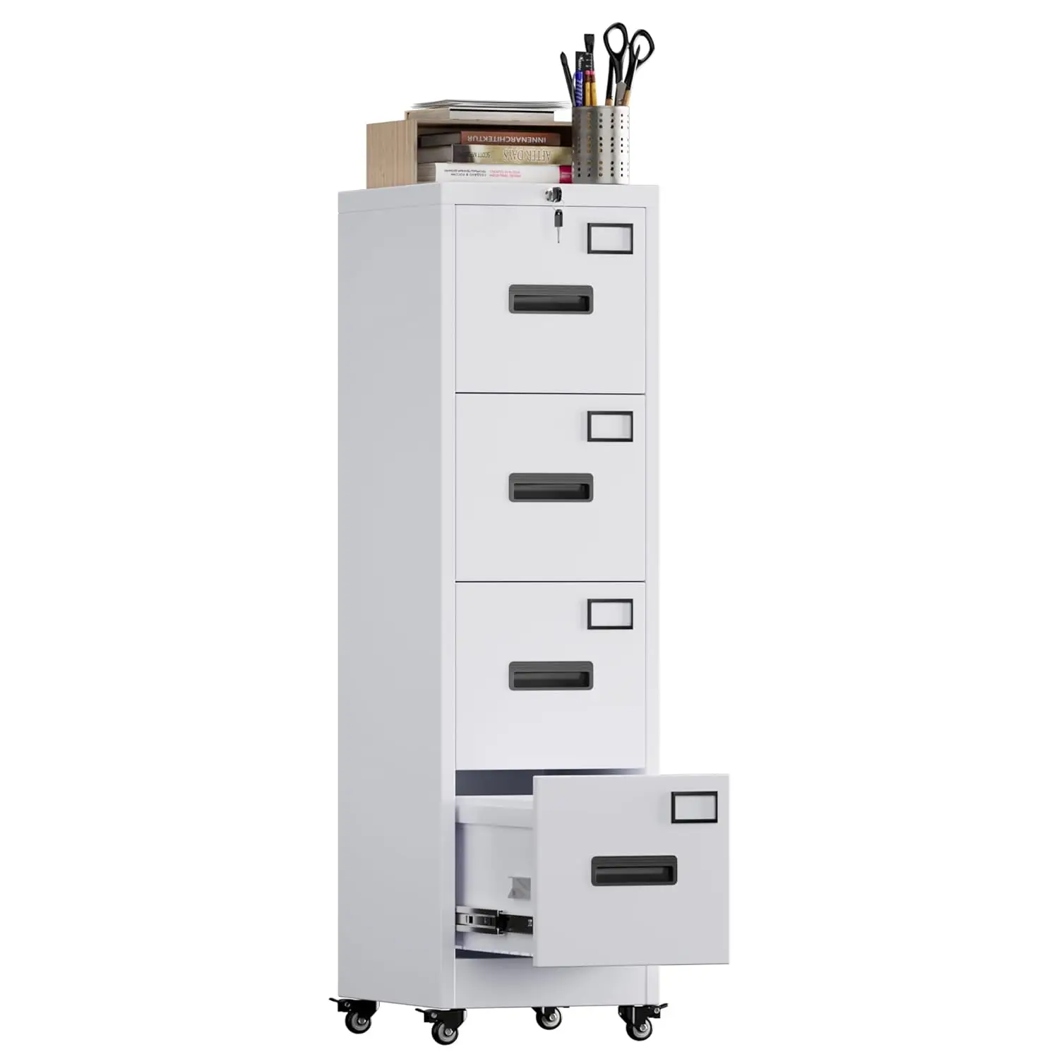 

Металлический шкаф для документов на 4 ящика с замком, на колесиках, с ручкой и держателем для визиток, для офиса и дома, белый, на заказ