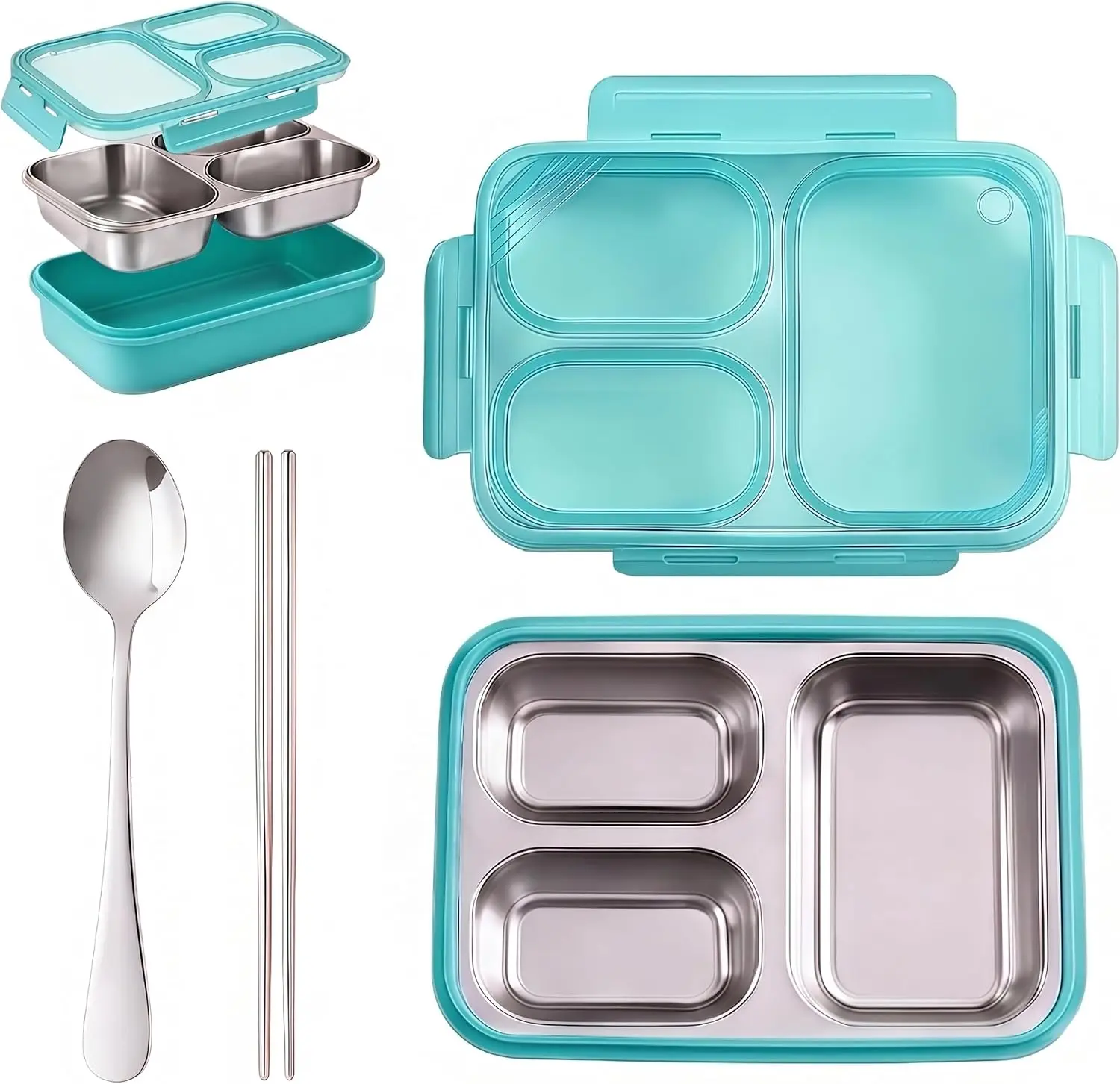Stainless Steel Lunch Box, 3-Compartment Leakproof Metal Bento Box With Locking Lid, 25oz 304 Food-Grade Meal Prep Container For
