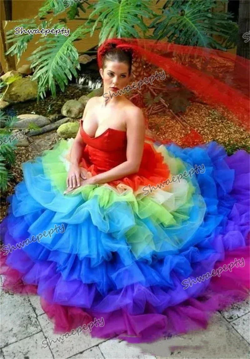 Rainbow Organza Wedding Dresses Tiered Strapless Sweetheart Lace-up Stylish Colorful A Line Bridal Gowns Customized