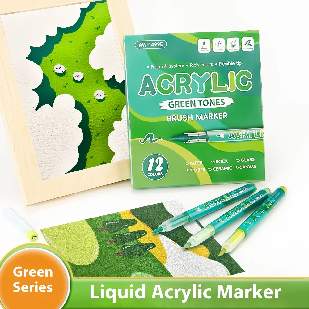 

12 Colors Acrylic Markers Fresh Green Series Soft Tip for Anime Drawing Comic Painting Creative DIY for Beginner Art Supplies