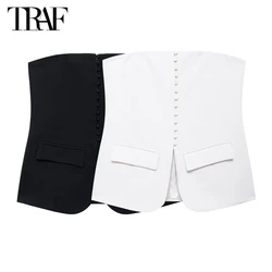 TRAF 2024 White Crop Top Women Waistcoat Black Corset Top Female off Shoulder Tank Tops for Women Fall Backless Vest Top Women