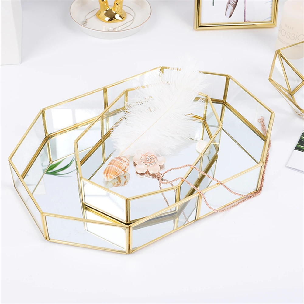 Glass Storage Tray Golden Jewelry Tray Northern Europe Organizer Box Modern Desktop Decoration Organizing Case Luxury Makeup Box