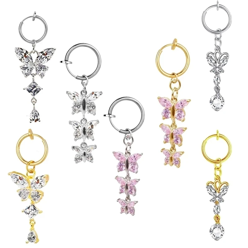 1Pc Butterfly Fake Belly Button Ring Fake Belly Piercing Clip on Umbilical Navel Fake Pircing Faux Belly Cartilage Earring Clip