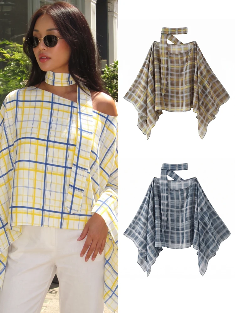 Blusa Elegante a Cuadros con Mangas Murciélago para Mujer, Estilo Moderno con Hombros Descubiertos y Cuello Tipo Bufanda, Blusa Holgada Translúcida, Ropa Casual de Verano 2026 para Vacaciones