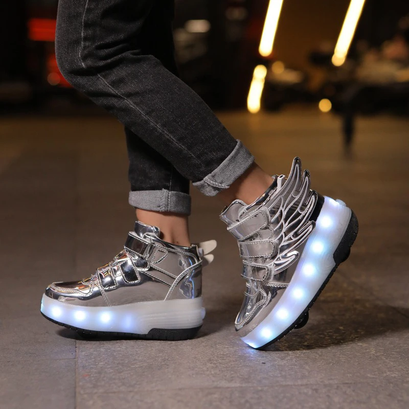 Unisex Light Up Skate Rollers Shoes For Kids Parkour Deform Sneakers Adjustable Wheel Heel Skates Casual Shoe Sneakers