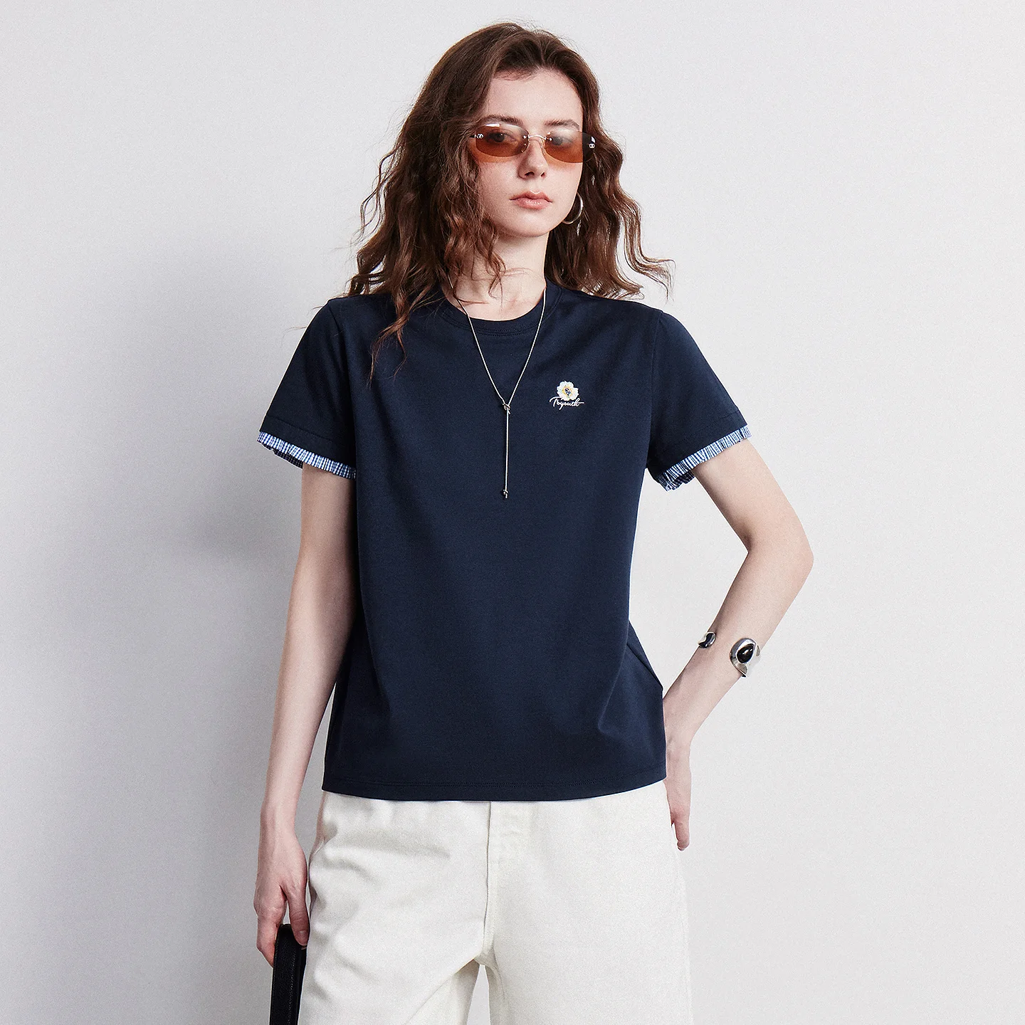 TOYOUTH x Houhou Women's Flower Embroidery Plaid T-Shirt 2026 Summer New Patchwork Crew Neck Cotton Tee