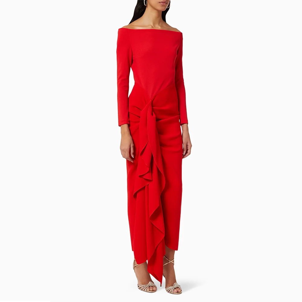 فستان سهرة برتقالي مخصص بدون أكتاف ورقبة قارب غمد لحفلات الكوكتيل وأكمام طويلة من الجيرسيه فساتين حفلة موسيقية ميدي #5