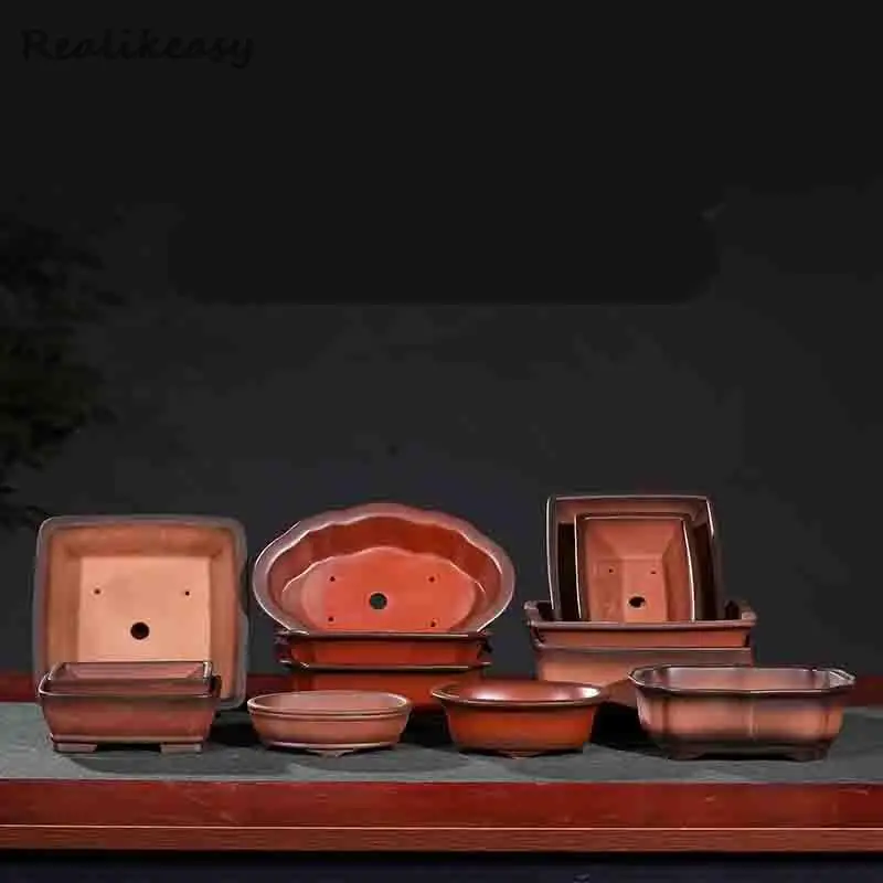 Chinese Yixing Purple Sand Ceramic Flower Pot Simple Breathable Bonsai Pot Creative Home Desktop Garden Decorative Flower Pot