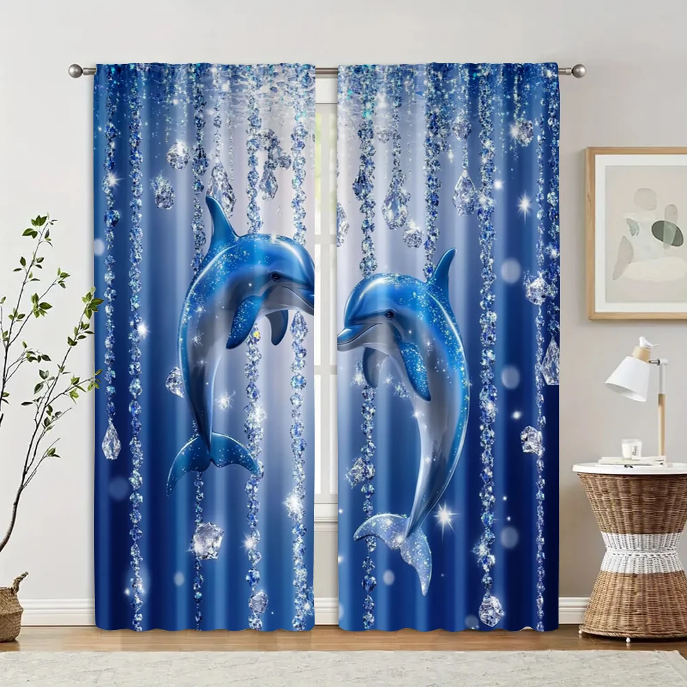 2pcs, Curtains Digital Printed 2D print Blue Dolphin Print Machine Washable Polyester (without rod) Art Deco Festive Use for
