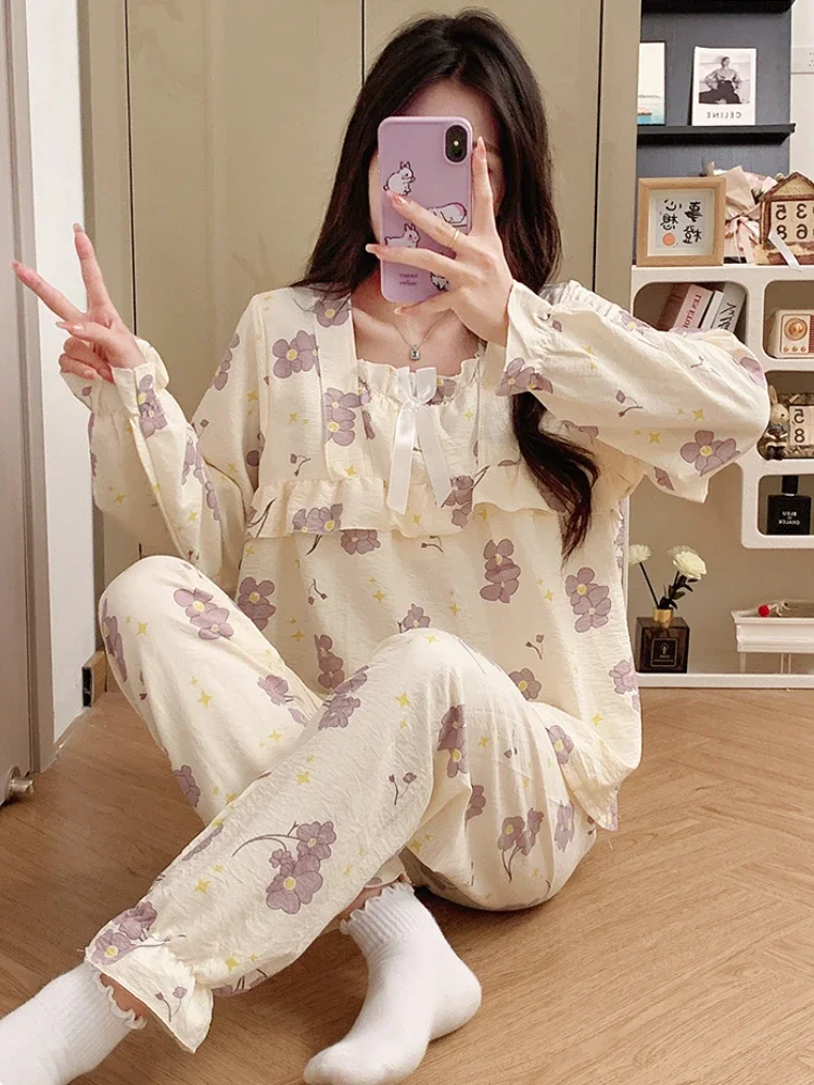 مجموعات بيجامة نسائية مبطنة بالزهور ، ملابس نوم ناعمة ، فضفاضة ، حلوة ، منزلية ، كاجوال ، أنيق ، يومي ، موضة كورية ، جمالية ، ربيع ، خريف
