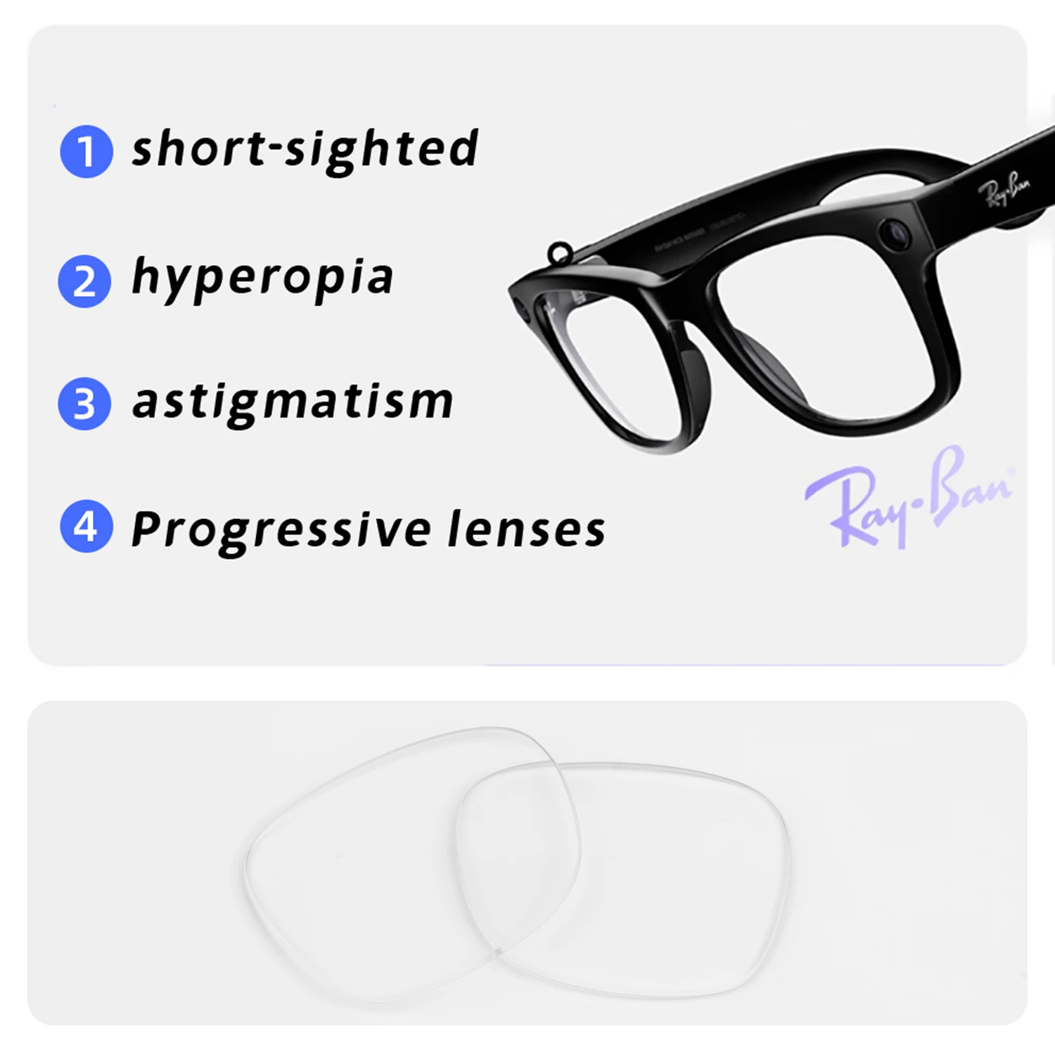 لـ Ray Ban Meta WAYFARE، HEADLINE، عدسة قصر النظر SKYLER، عدسات طبية مخصصة مضادة للضوء ومضادة للأزرق، نظارات AR الذكية