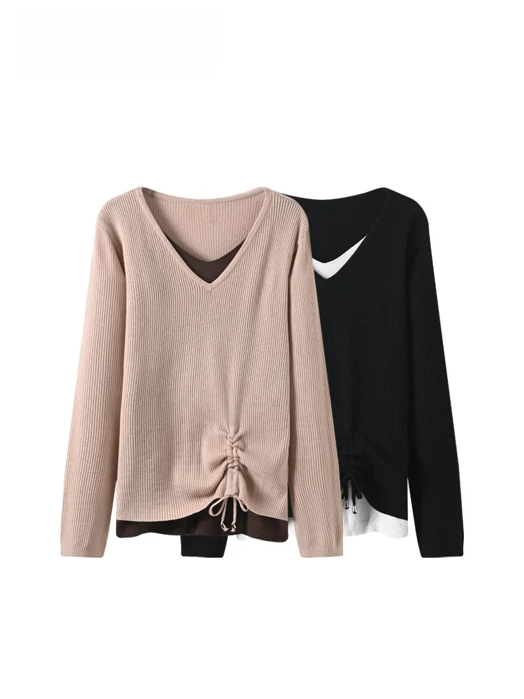 

plus Size Women's V-Ne Long Sve Knitwear Casual Sle Splicing Fake Two-Piece Loose Fit Autumn Winter Faion for Plump ...