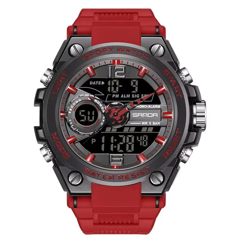 

SANDA 6092 Модные мужские спортивные часы с двойным дисплеем Аналоговые цифровые светодиодные электронные кварцевые часы 50 м Водонепроницаемые наручные часы