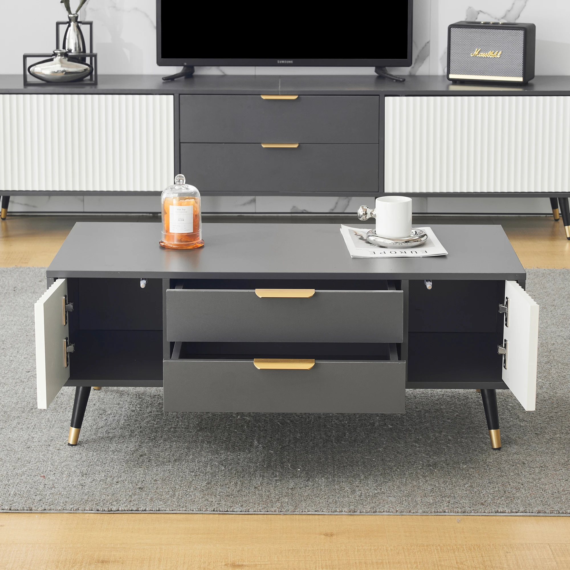 Modern Grey-White Rectangular coffee table 100x50x40 cm-With 2 Doors, 2 Drawers and Golden Accents