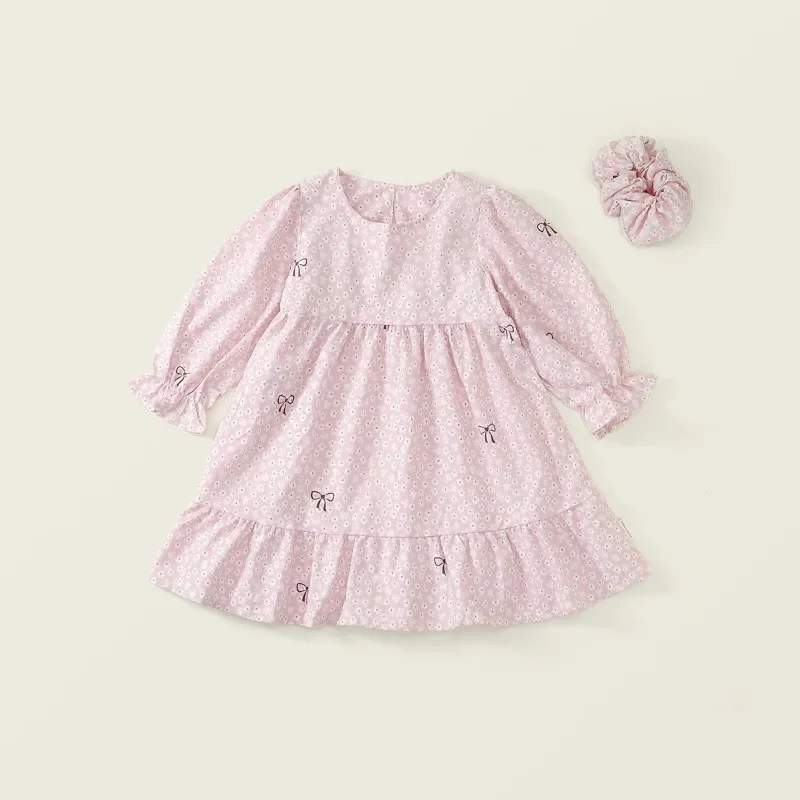 Kinder Mädchenkleid RAISE Herbst Schleife Blumendruck Kinder Mädchen Prinzessinnenkleid Rundhals 2-8 Jahre Mädchen Langarmkleid Haarband – Detail 7