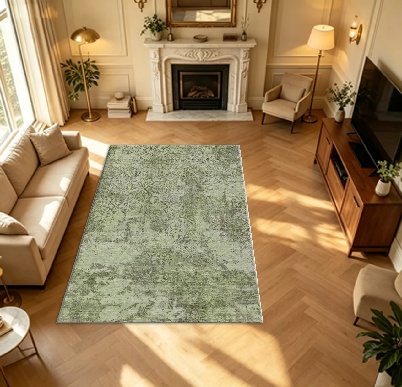 Green Faded Damask Vintage Carpet Flooring Distressed Antique Pattern Area Rug for Indoor Home Decoration
