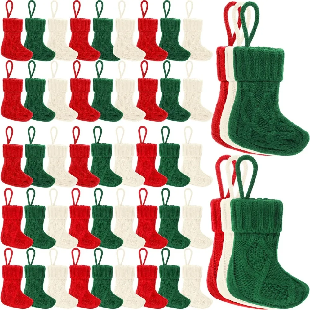 

60 Pcs Christmas Mini Stockings 7.09 Inch Xmas Knitted Stocking Classic Small Christmas Hanging Stockings