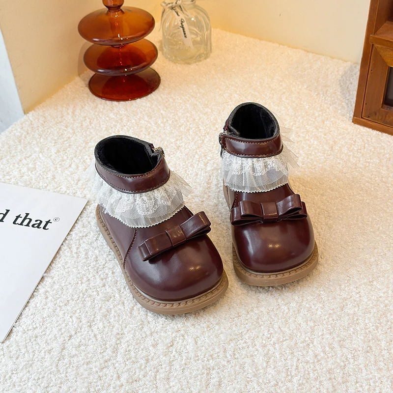 

Girls Leather Boots Suede Warm Simple Bows Kids Ankle Boots Sweet Lace 2025 Winter New Children Princess Boots Soft Sole Elegant