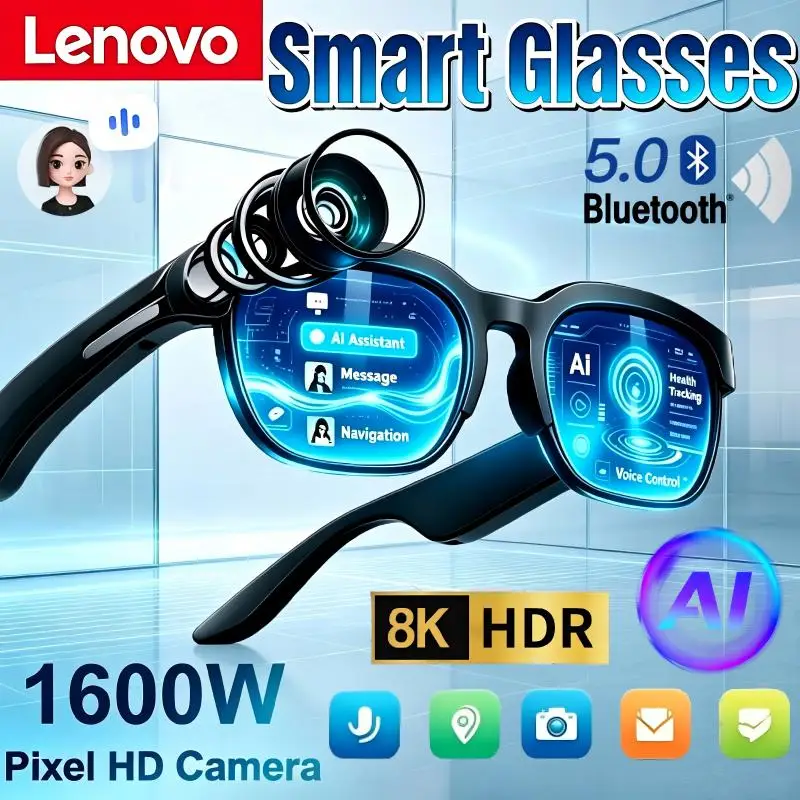 Умные очки Lenovo 8K HD с ИИ, функцией перевода, громкой связью, записью чатов, воспроизведением музыки, умные солнцезащитные очки для мужчин, новинка 2027 года.