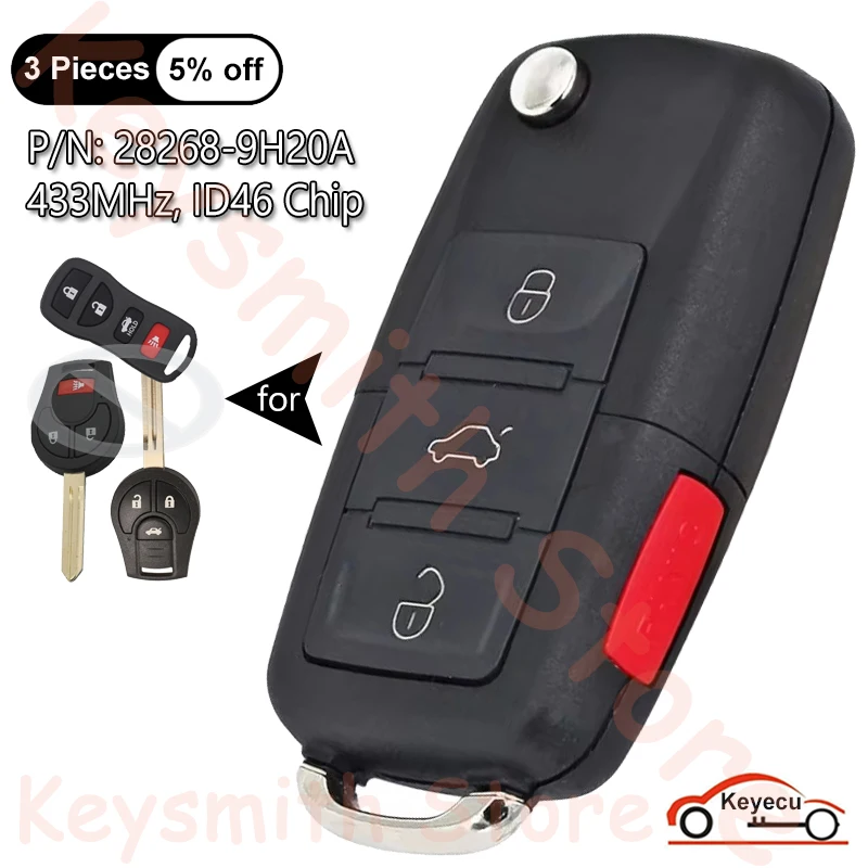 

KEYECU 4 Buttons 433MHz ID46 Chip for Nissan Maxima X-trail xTrail TIIDA Auto Upgraded Flip Remote Control Key Fob 28268-9H20A