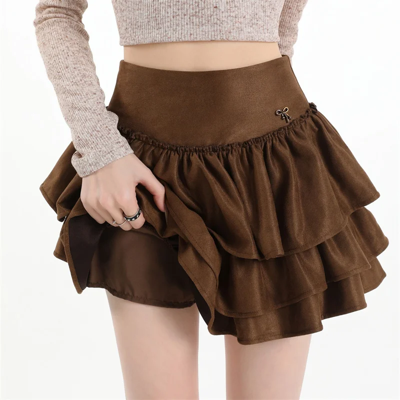 Suede Short Skirt Women Spring Autumn Winter High Waist A-line Cake Party Sexy Mini Skirt Black Cofee