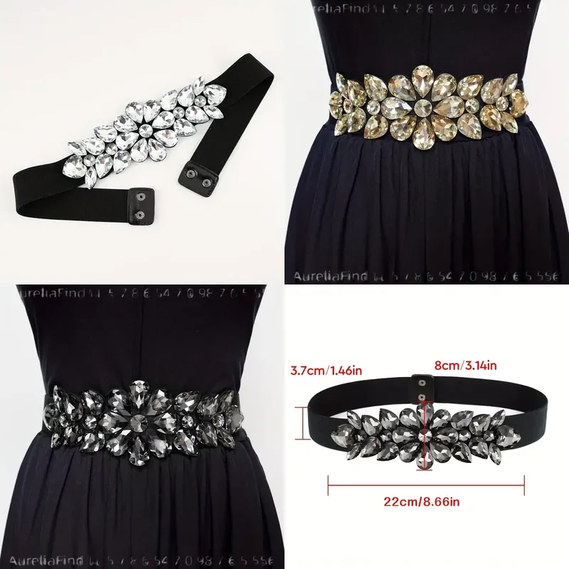Women Elastic Decorative Waist Belt Shiny Large Glass Gemstone Statement Waistband Exaggerated Ornate Sparkly Fashion Accessory For Evening Party Prom Banquet Wedding Formal Dresses Club Night Out