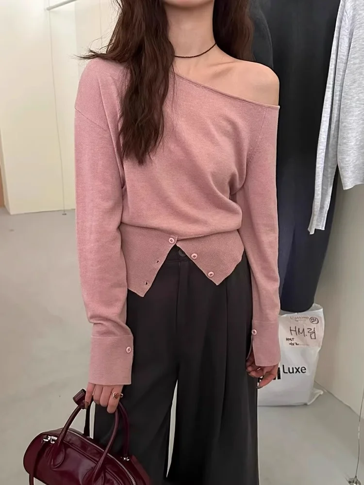 Irregular Slit Sloping Shoulder Long sleeve Knit Women Spring and Autumn Design Sense Sweater Inner wear Bottoming Shirt off-...