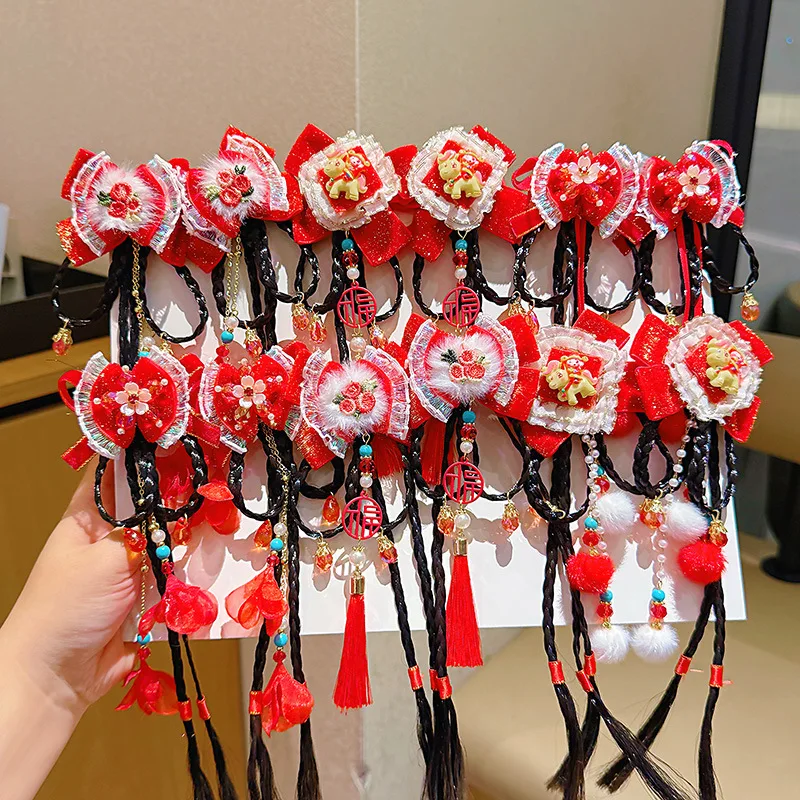 

New Year Children's Headwear Fake Braid Hair Clip Baby Girls Red Newyear Festival Gift for Kids Hair Accessory